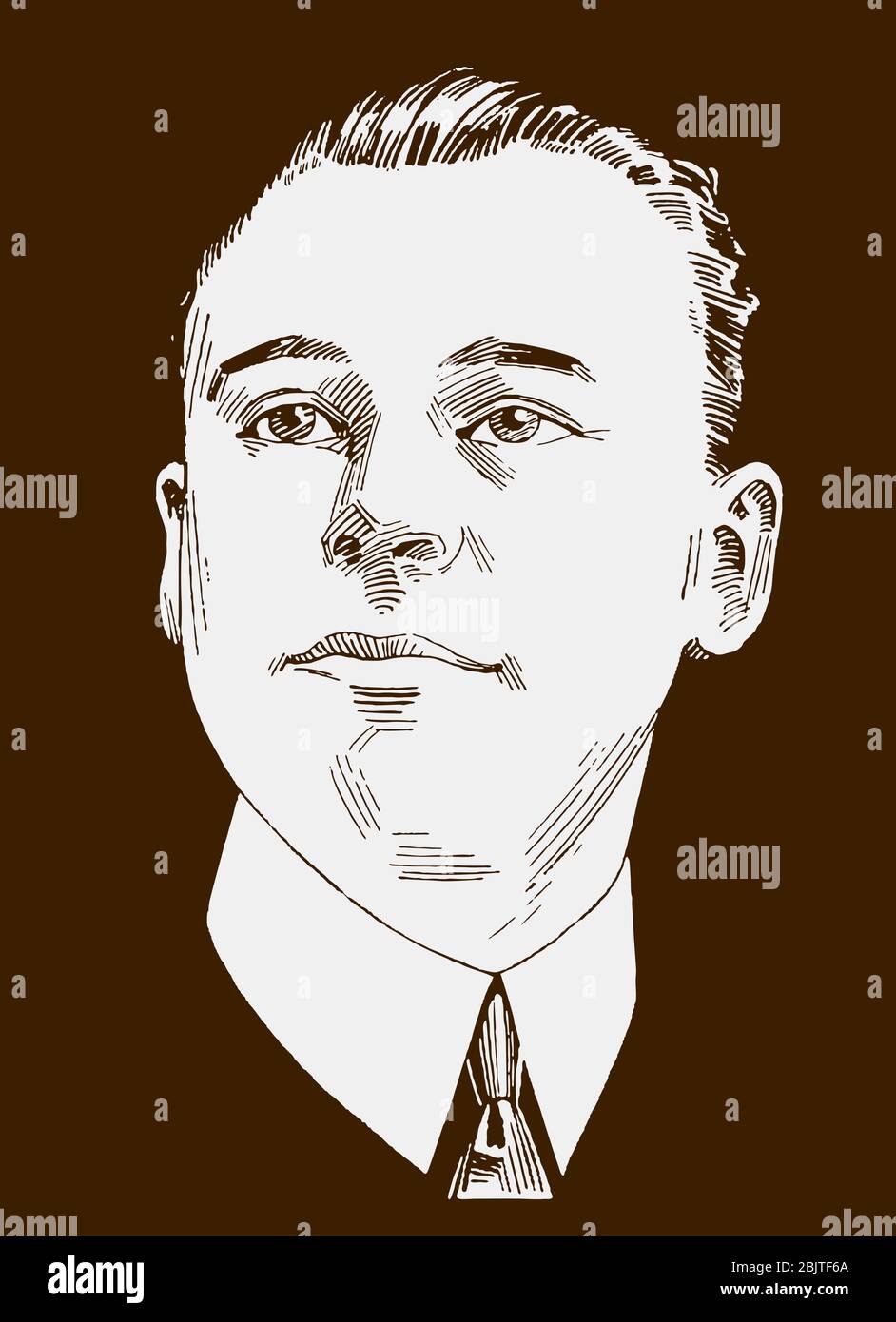 Porträt eines jungen Mannes aus dem frühen 20. Jahrhundert in Dreiviertel-Vorderansicht, leicht nach oben schauend und mit Kragen und Krawatte Stock Vektor