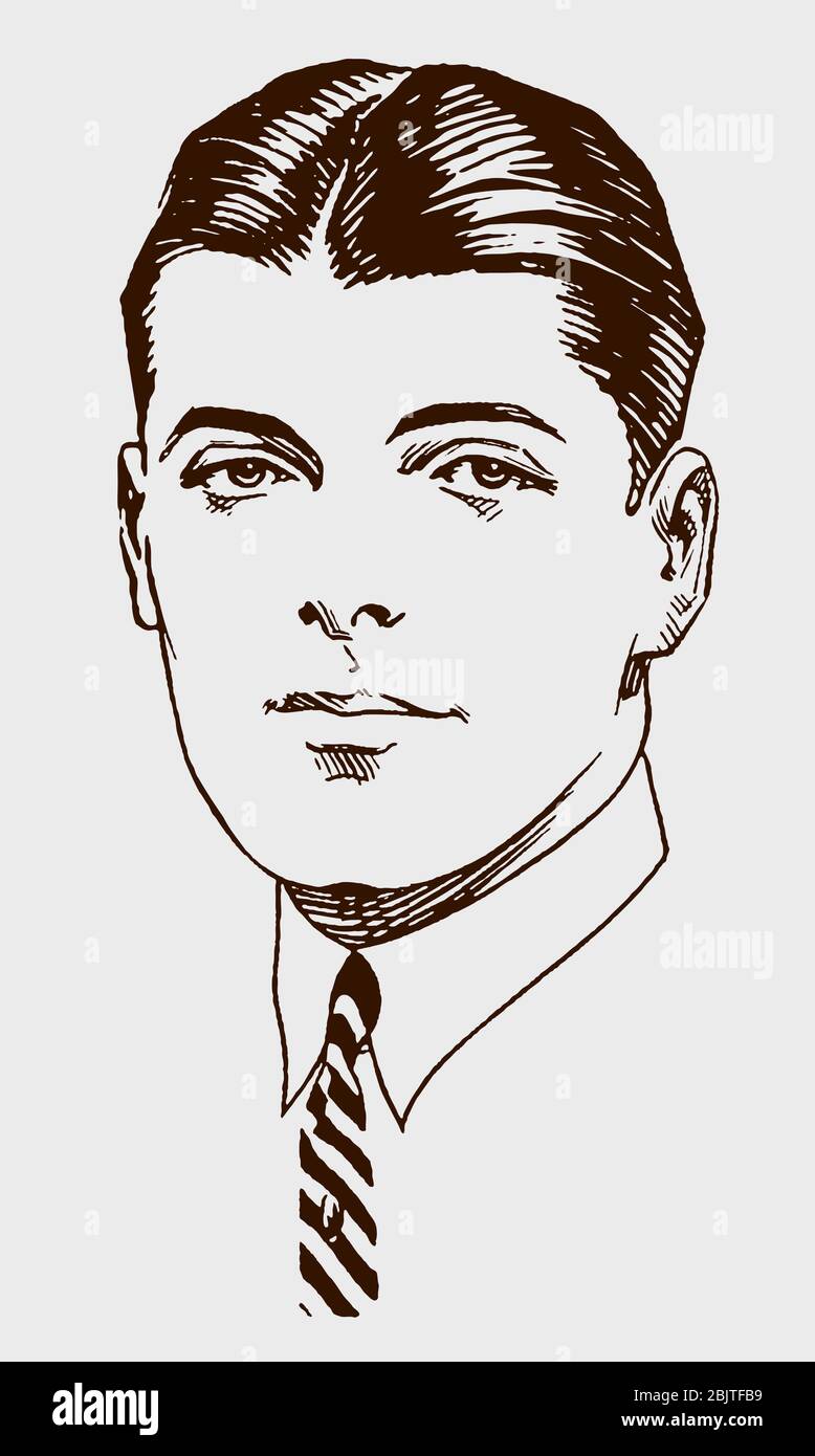 Porträt eines jungen Mannes aus dem frühen 20. Jahrhundert in Dreiviertel-Vorderansicht, mit Kragen und gestreifter Krawatte Stock Vektor
