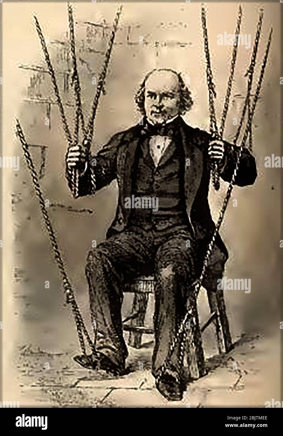 Eine viktorianische (1863) Wash-Zeichnung zeigt Herrn G Morris, einmal Glockenspieler in der St James Church, Clerkenwell, London, der in den 1860er Jahren alle Glocken nur mit Händen und Füßen spielte. George Morris, war ein gefeierter Glockenringer, der auf acht Glocken gleichzeitig auf seinem eigenen spielte, mit der ersten auf seinem rechten Daumen, der zweiten auf seinem linken Daumen, 3. Auf seinem linken Ellbogen, 4. Mit linker Hand, 5. Mit linkem Fuß, 6. Mit rechter Hand, 7. Mit seinem rechten Ellbogen und 8. Mit seinem rechten Fuß. Später wurde er Kirchturm-Hüter von St. Martin-in-the-Fields. Stockfoto