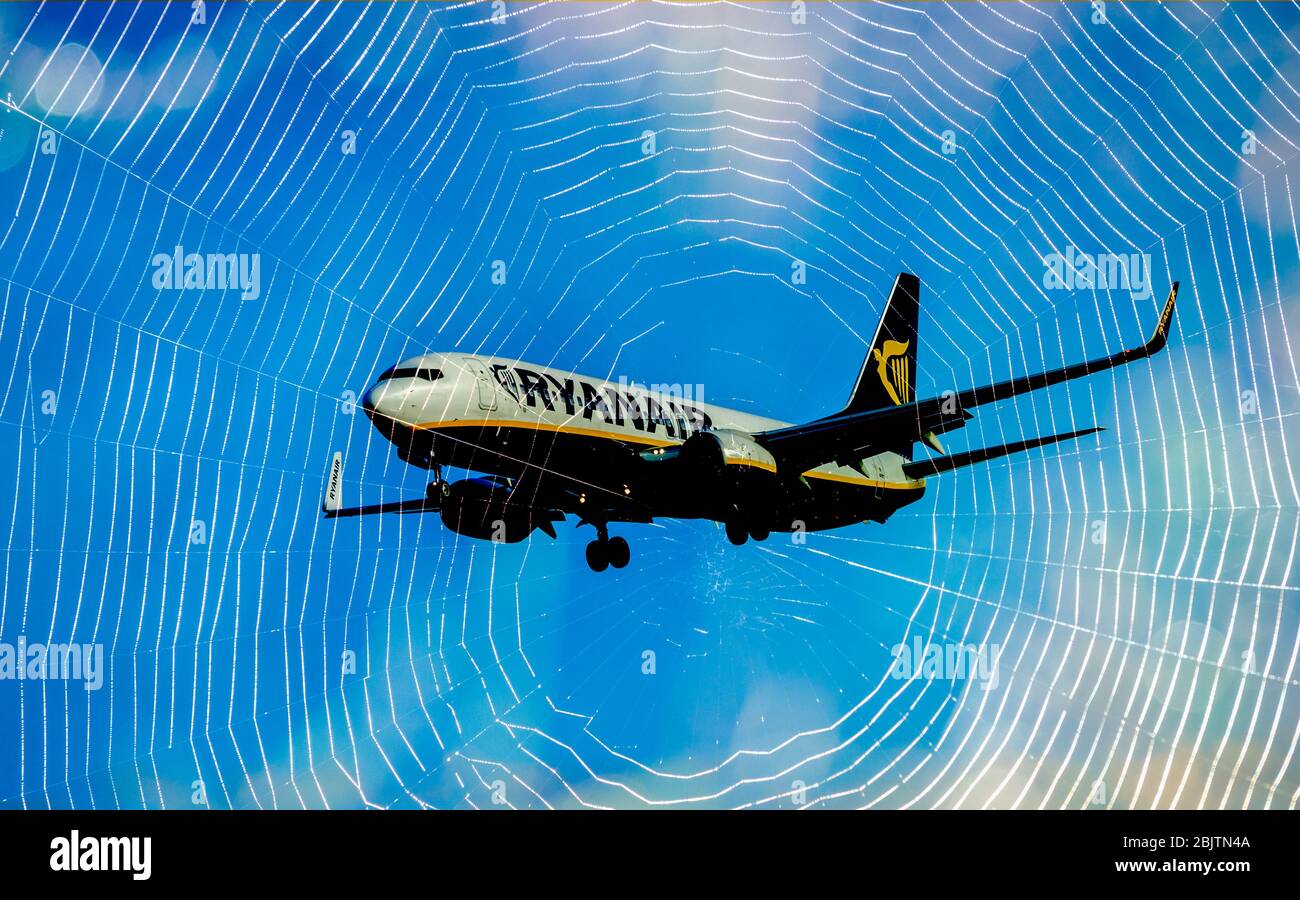 Ryanair Flugzeug, Flugzeug, mit Spinnen Web/Spinnennetz im Vordergrund. Britische Wirtschaft, Luftfahrtindustrie, Unternehmen, Reisebranche, Coronavirus... Konzept. Stockfoto
