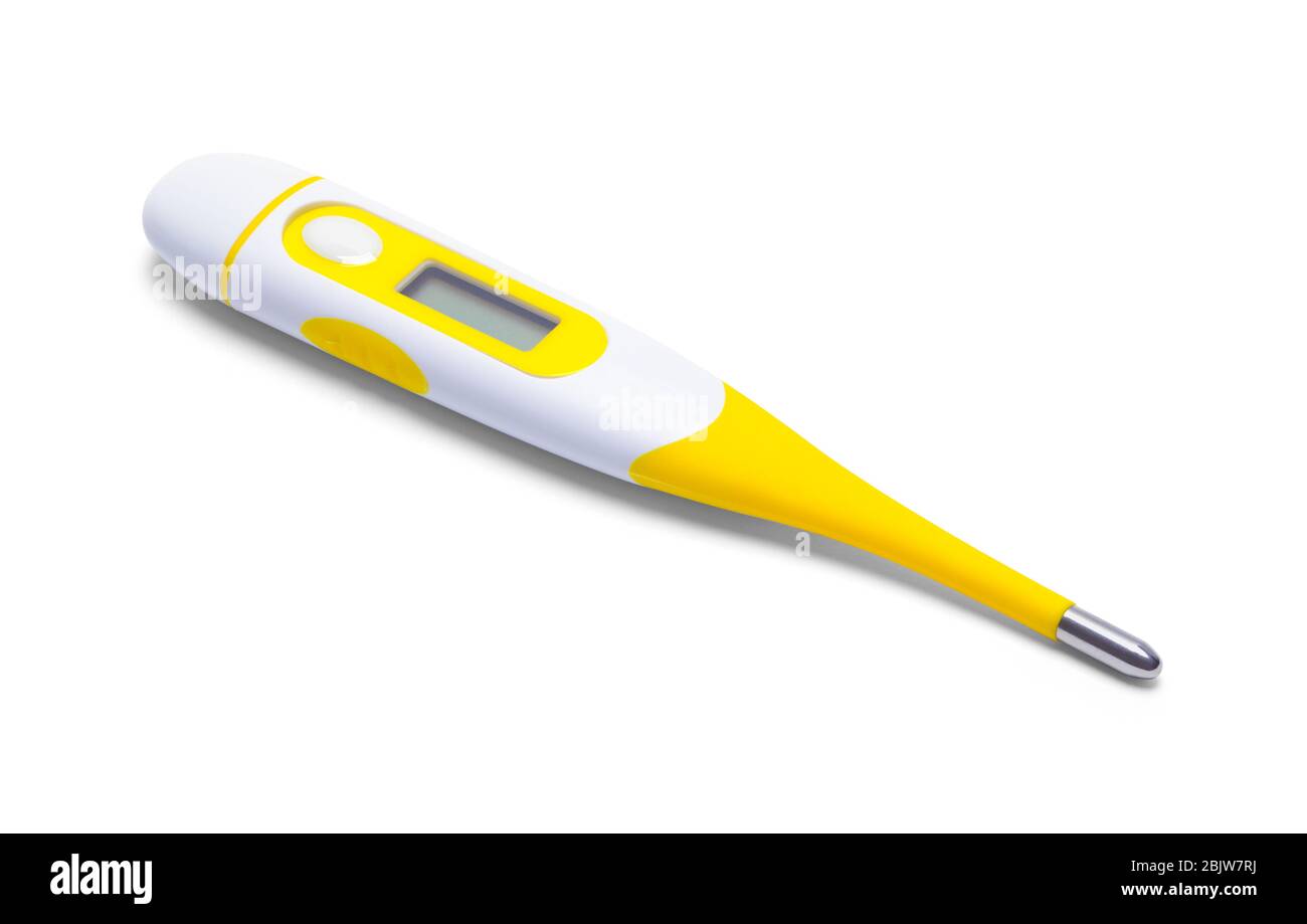 Digitales Thermometer Gelb isoliert auf weißem Hintergrund. Stockfoto Digitales Thermometer Gelb isoliert auf weißem Hintergrund. Stockfoto