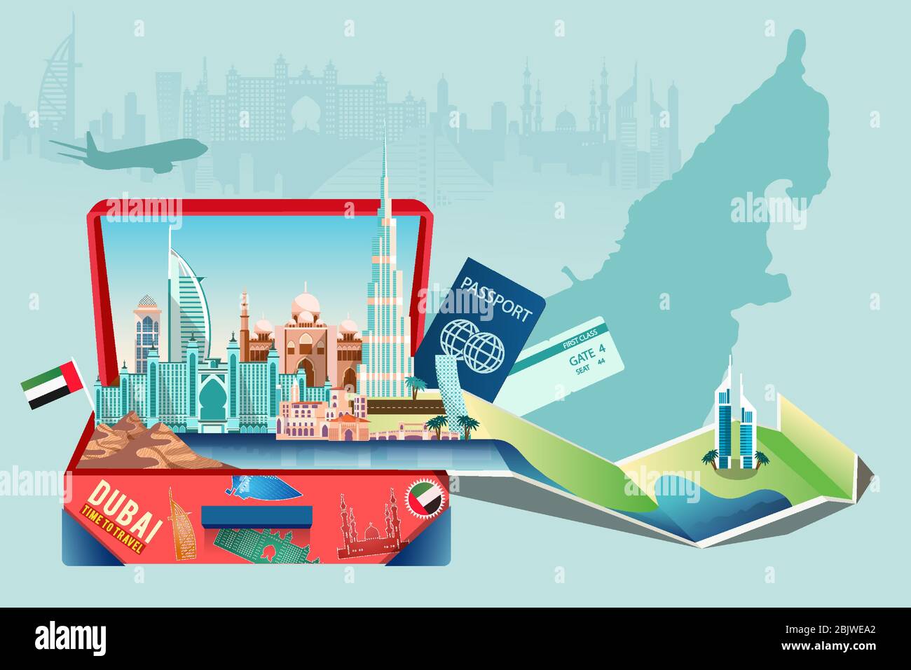Business Travel und Tourismus nach Dubai Konzept. Vektor eines Gepäcks mit modernen Gebäuden, Wahrzeichen und Skyline der Stadt Stock Vektor