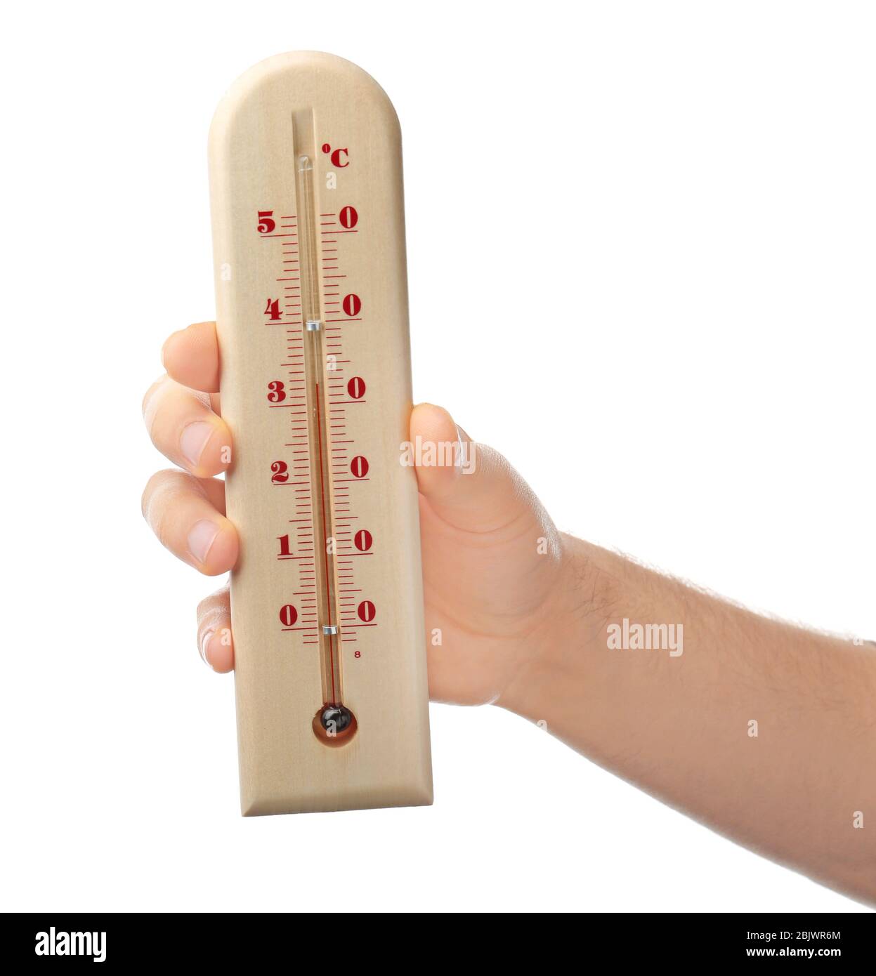 Frau hält Wetterthermometer auf weißem Hintergrund Stockfotografie - Alamy