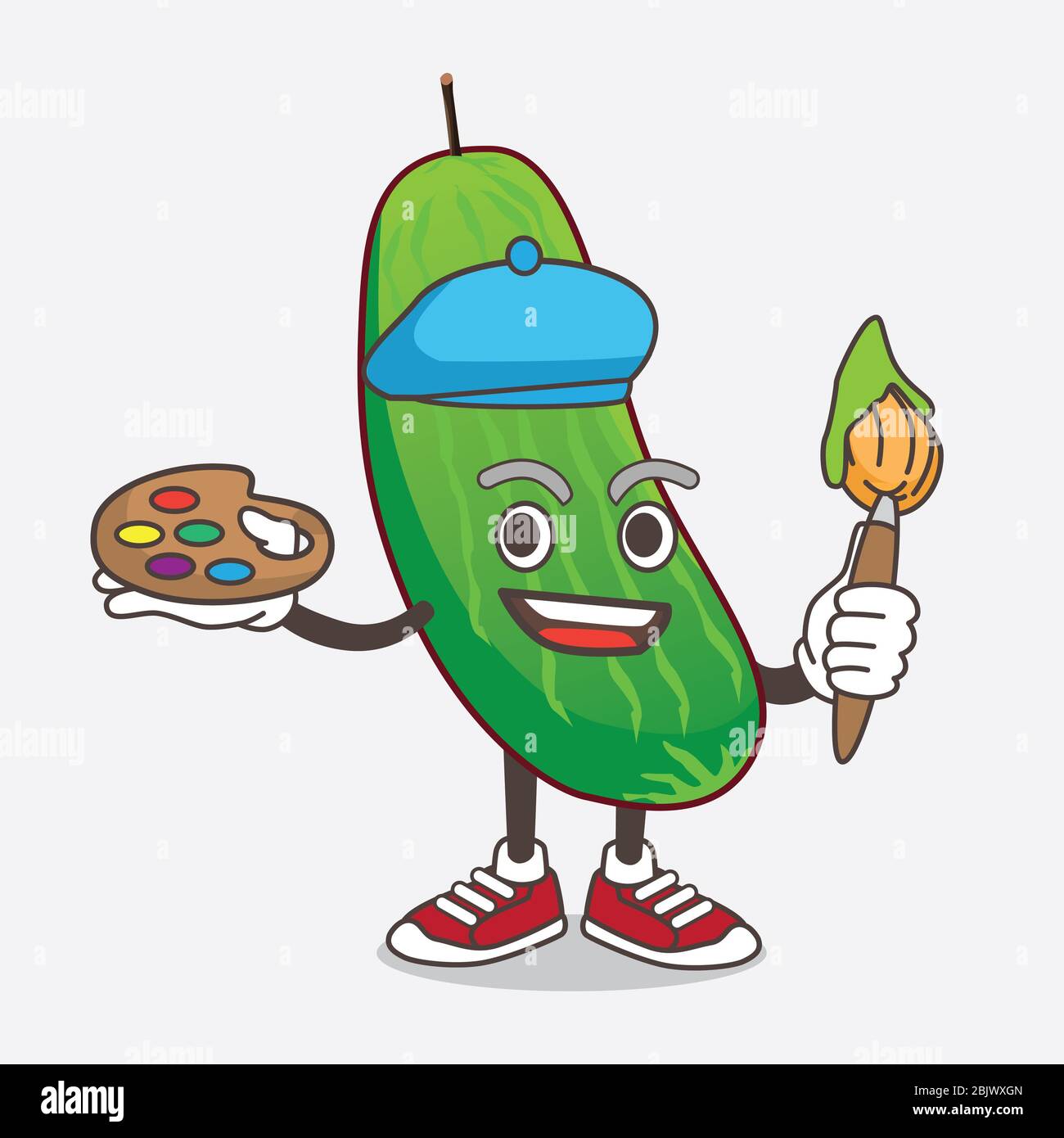 Eine Illustration von Cucumber Cartoon Maskottchen Charakter Maler Stil mit Kunst Pinsel Stockfoto