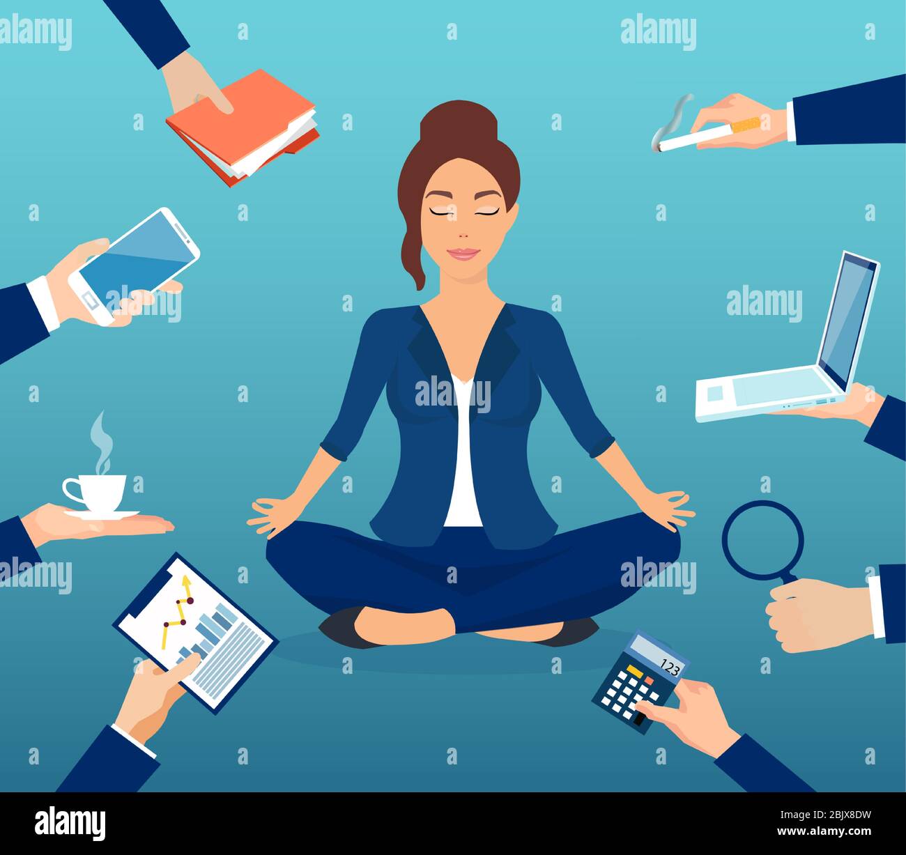 Vektor einer Geschäftsfrau meditiert, um Stress eines geschäftigen Bürolebens zu entlasten Stock Vektor