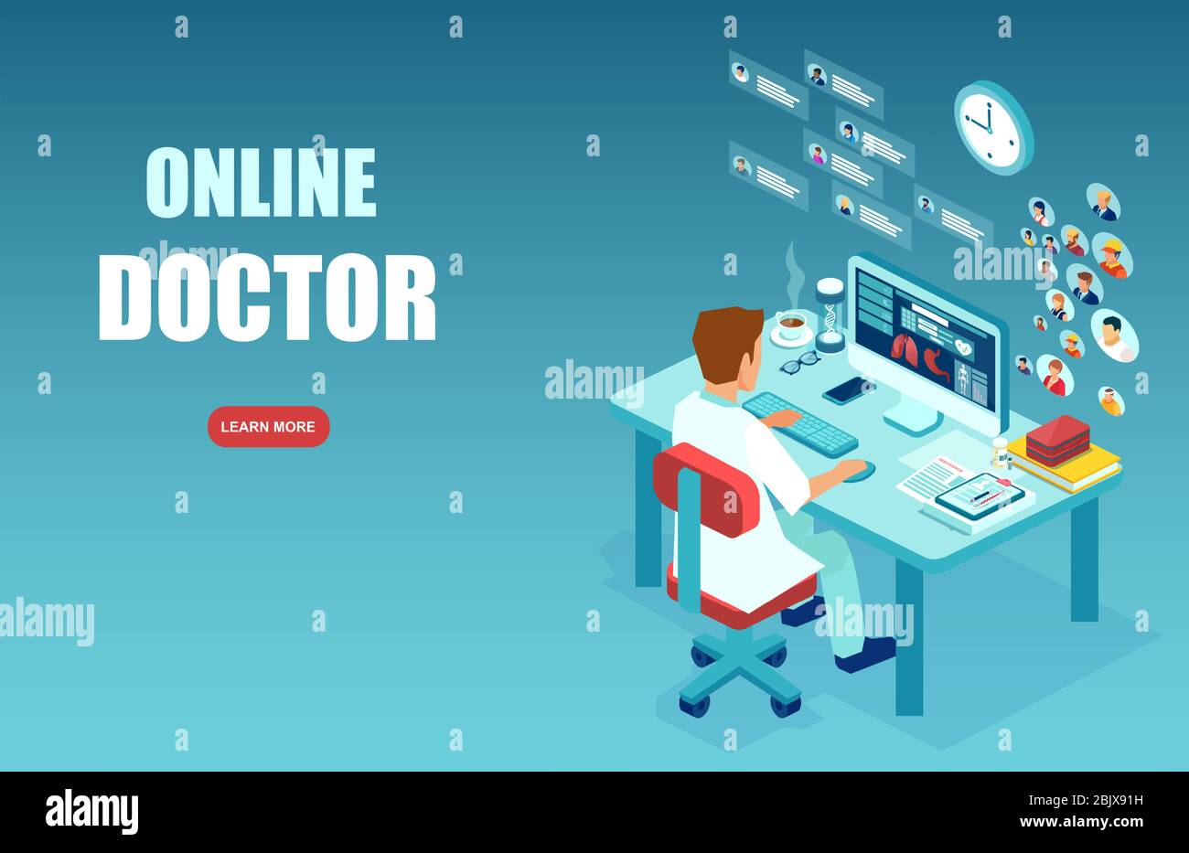 Online-Konzept für medizinische Dienste. Vektor der medizinischen Fachkraft, ein Arzt, der Diagnose, die Berücksichtigung der Patienten über moderne Technologie, int Stock Vektor