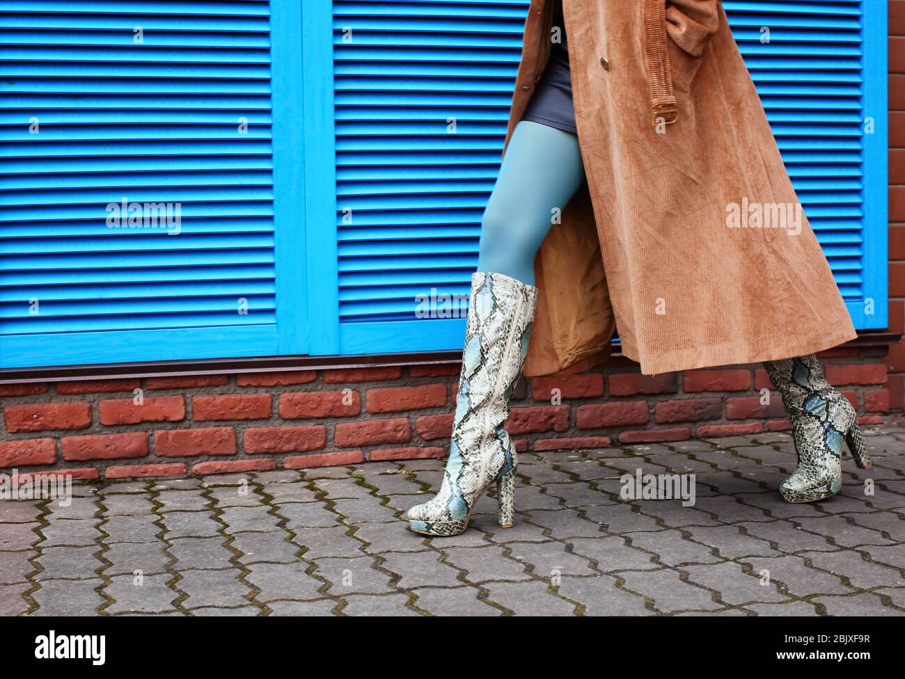 Stilvolle Frau in Schlangenschuhe zu Fuß die Straße hinunter Stockfoto