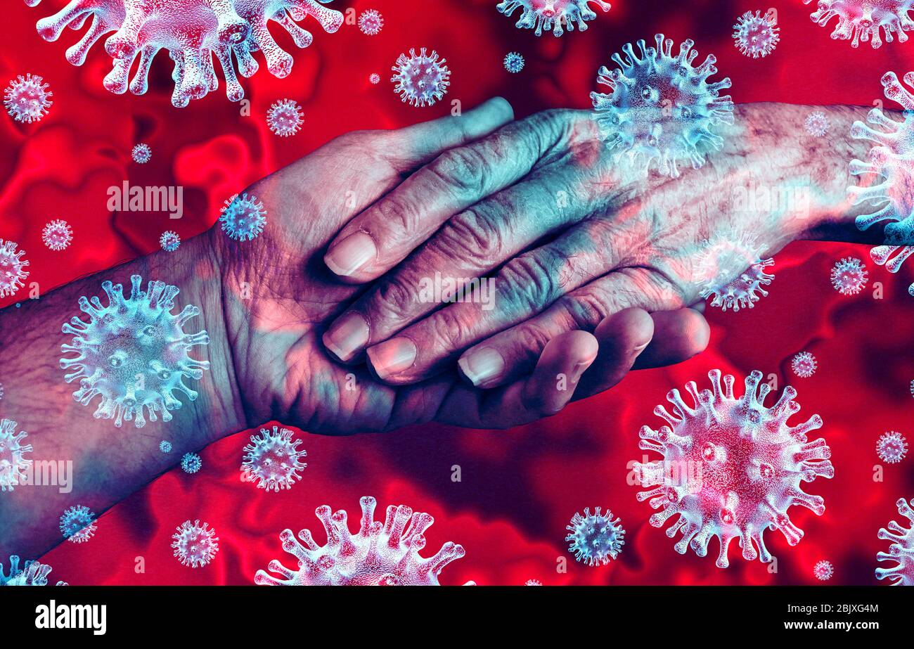 Covid-19 und Senioren als älterer Coronavirus-Ausbruch-Patient mit Pflegekonzept als medizinische Intervention als Gesundheitssymbol als Hand. Stockfoto