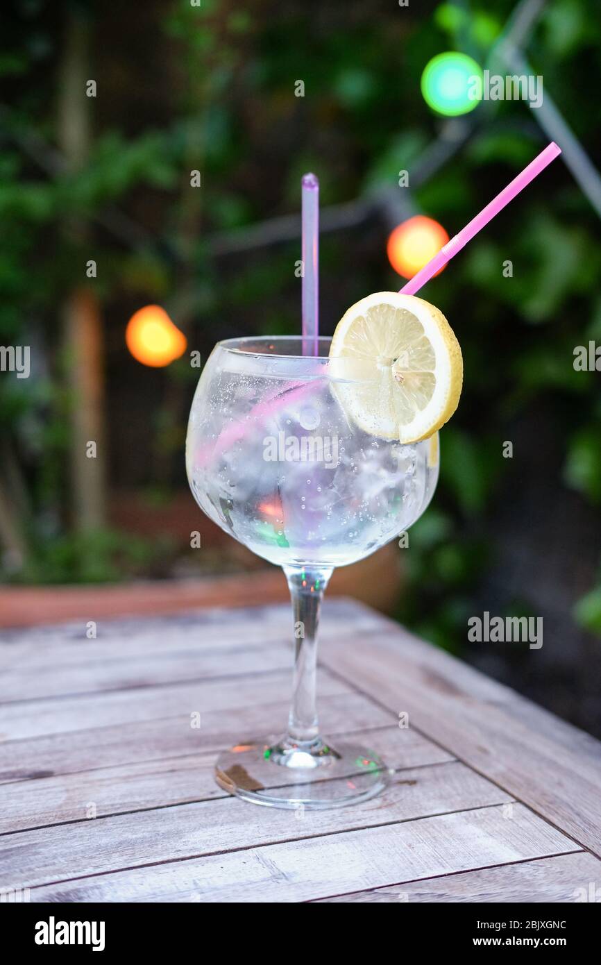 Prickelndes Gin Tonic mit Zitrone und Eis auf Holztisch im Garten an einem schönen Sommertag. Stockfoto