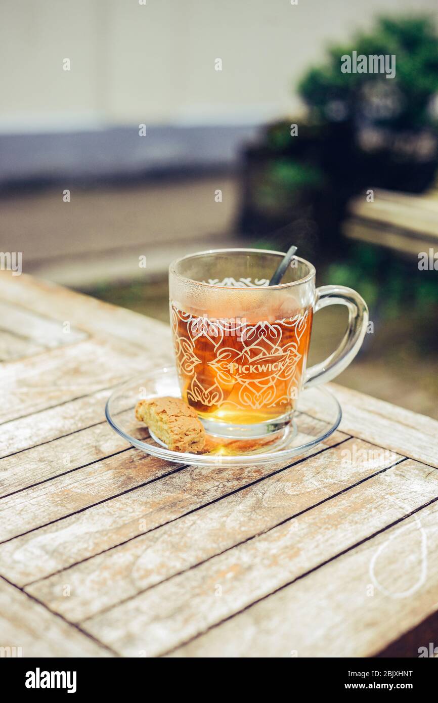 Glas Tasse Tee mit Honig auf einem rustikalen Holztisch draußen im Garten. Teelöffel und Keks. Gesunde Lebensweise. Hinterhof Hintergrund. Stockfoto