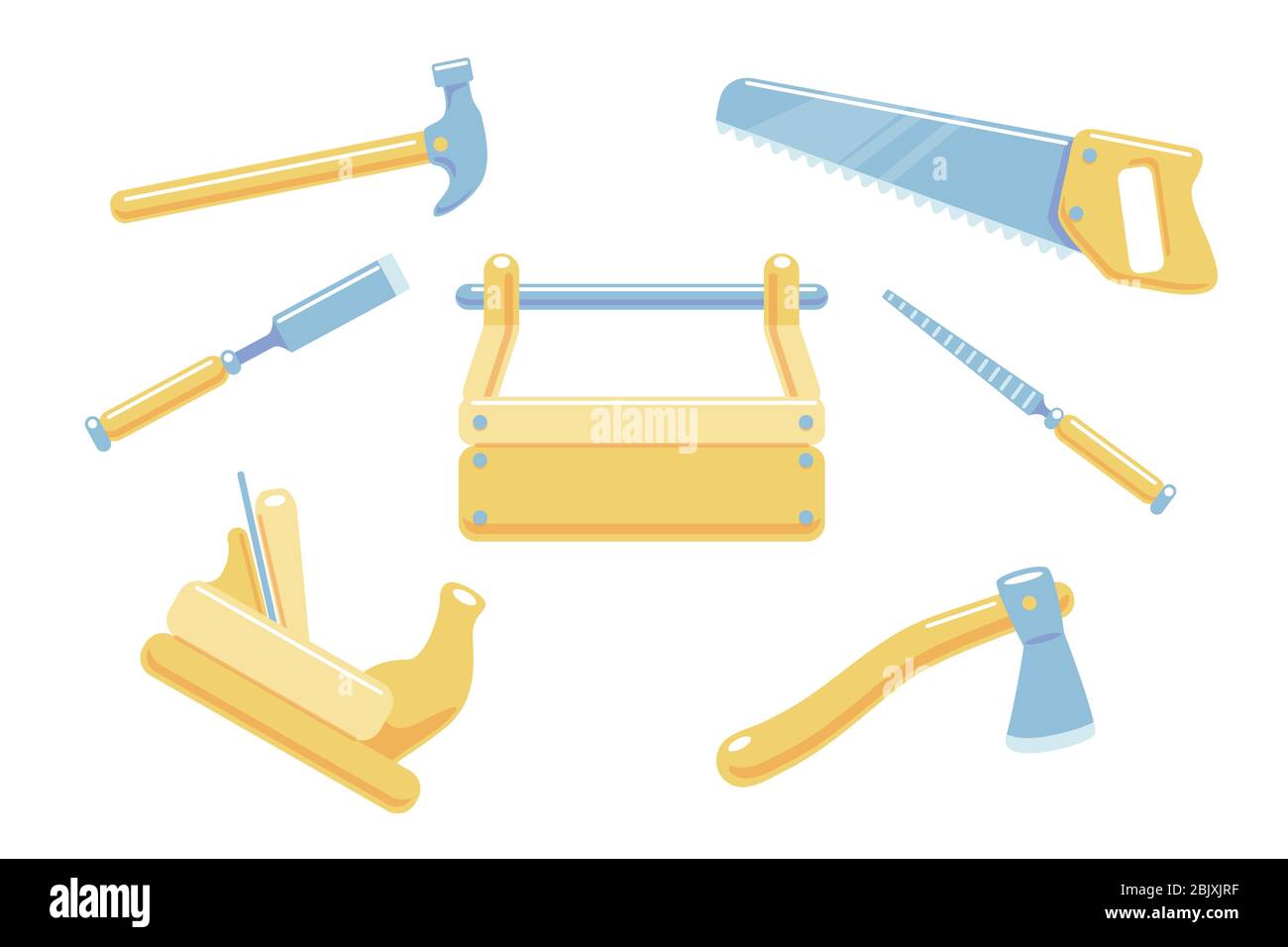 Tischlerwerkzeuge Set Elemente isolierte Vektor-Illustration. Hammer, Werkzeugkiste, Säge, Flugzeug, Axt, Meißel, Datei Flachholz Arbeit Symbole. Cartoon Hand Tischler Instrument Ausrüstung. Einfaches Konstruktionswerkzeug. Stock Vektor