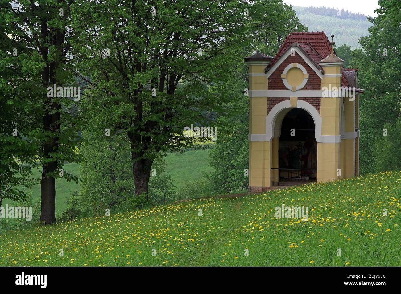 Wambierzyce, Niederschlesien. Grüne Frühlingslandschaft. Blühende Wiese. Albendorf, Niederschlesien. Grüne Frühlingslandschaft. Blühende Wiese. 春天風景，開花的草甸 Stockfoto