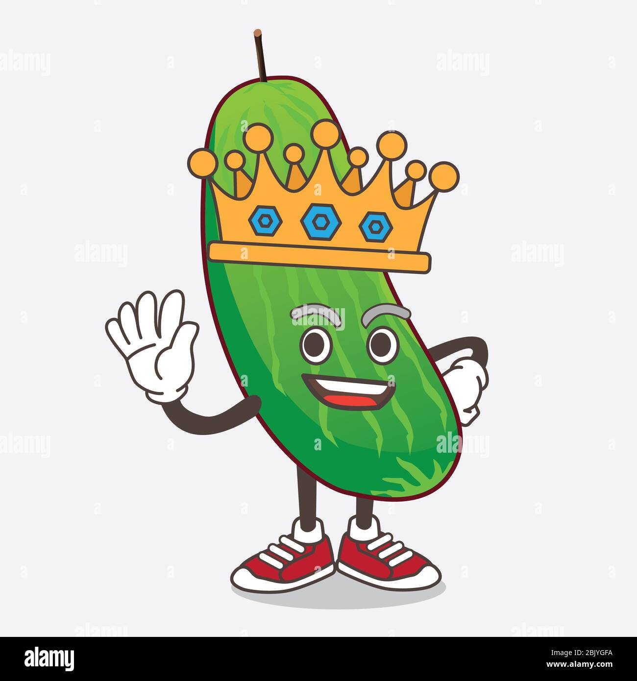 Eine Illustration von Gurke Cartoon Maskottchen Figur stilisiert König auf Cartoon Maskottchen Design Stockfoto