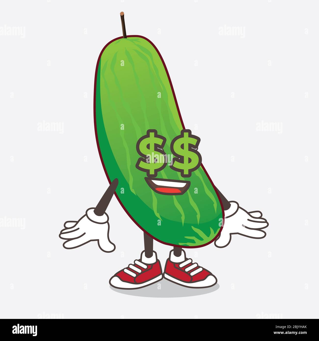 Eine Illustration von Cucumber Cartoon Maskottchen Charakter mit Geld-Symbol auf den Augen Stockfoto