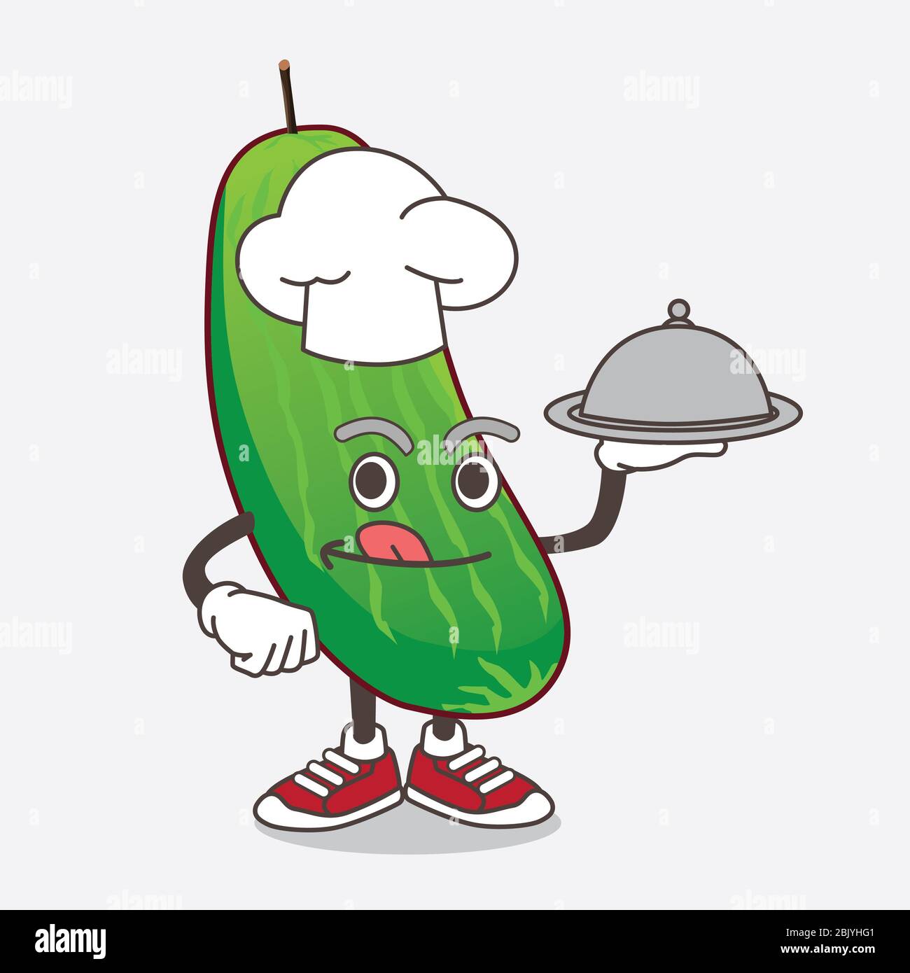 Eine Illustration von Cucumber Cartoon Maskottchen Charakter als Koch mit Essen auf Tablett bereit zu dienen Stockfoto