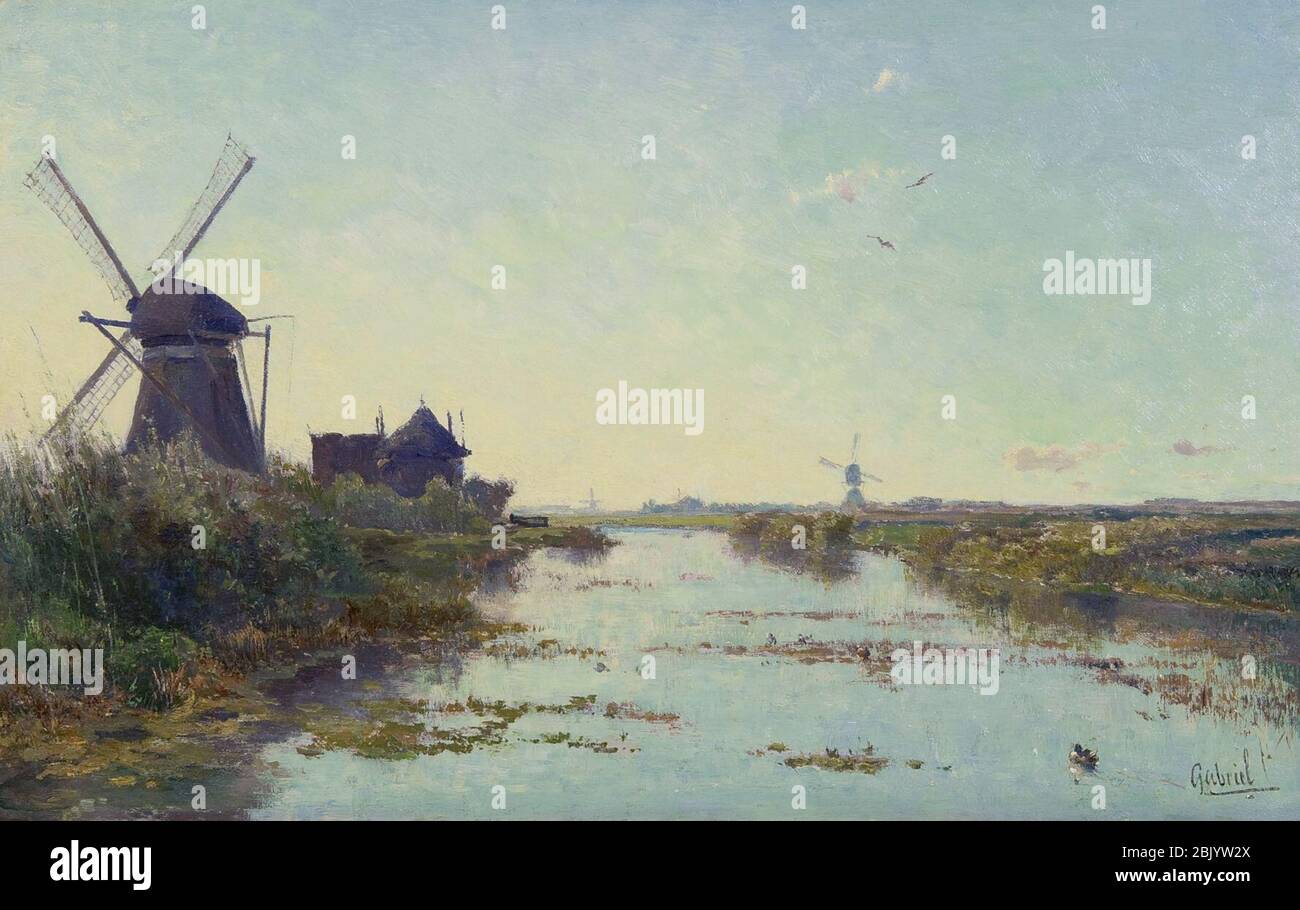 Hollands polderlandschap met een wetering, een Zuid-Hollandse watermolen en een wipwatermolen, door Paul Joseph Constantin Gabriël. Stockfoto