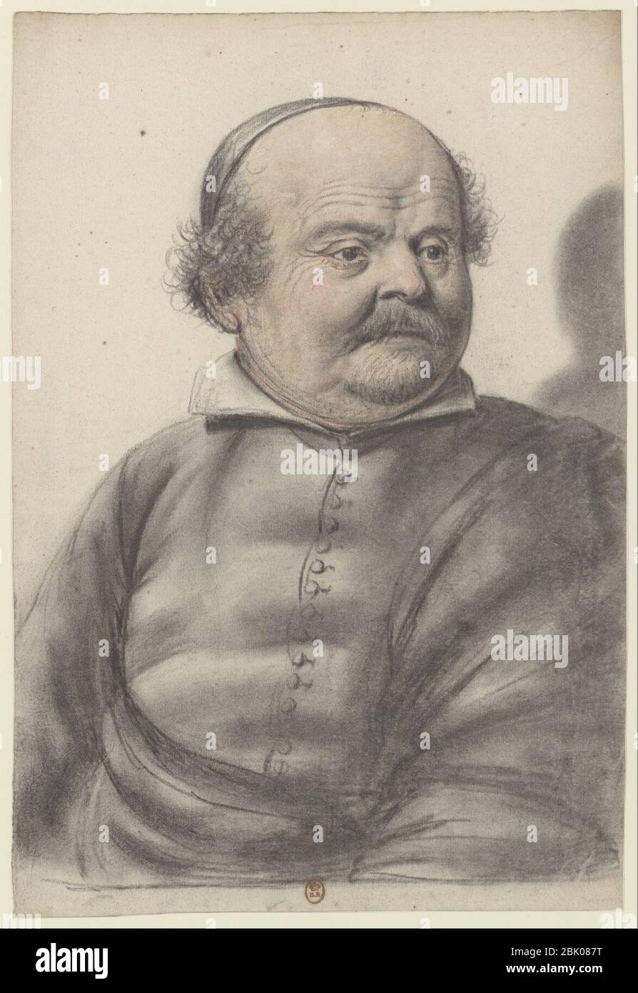 Homme au visage rond, portant moustarts et royale, coiffé d'une calotte, la tête de trois quarts à droite (Nicolas Lagneau). Stockfoto
