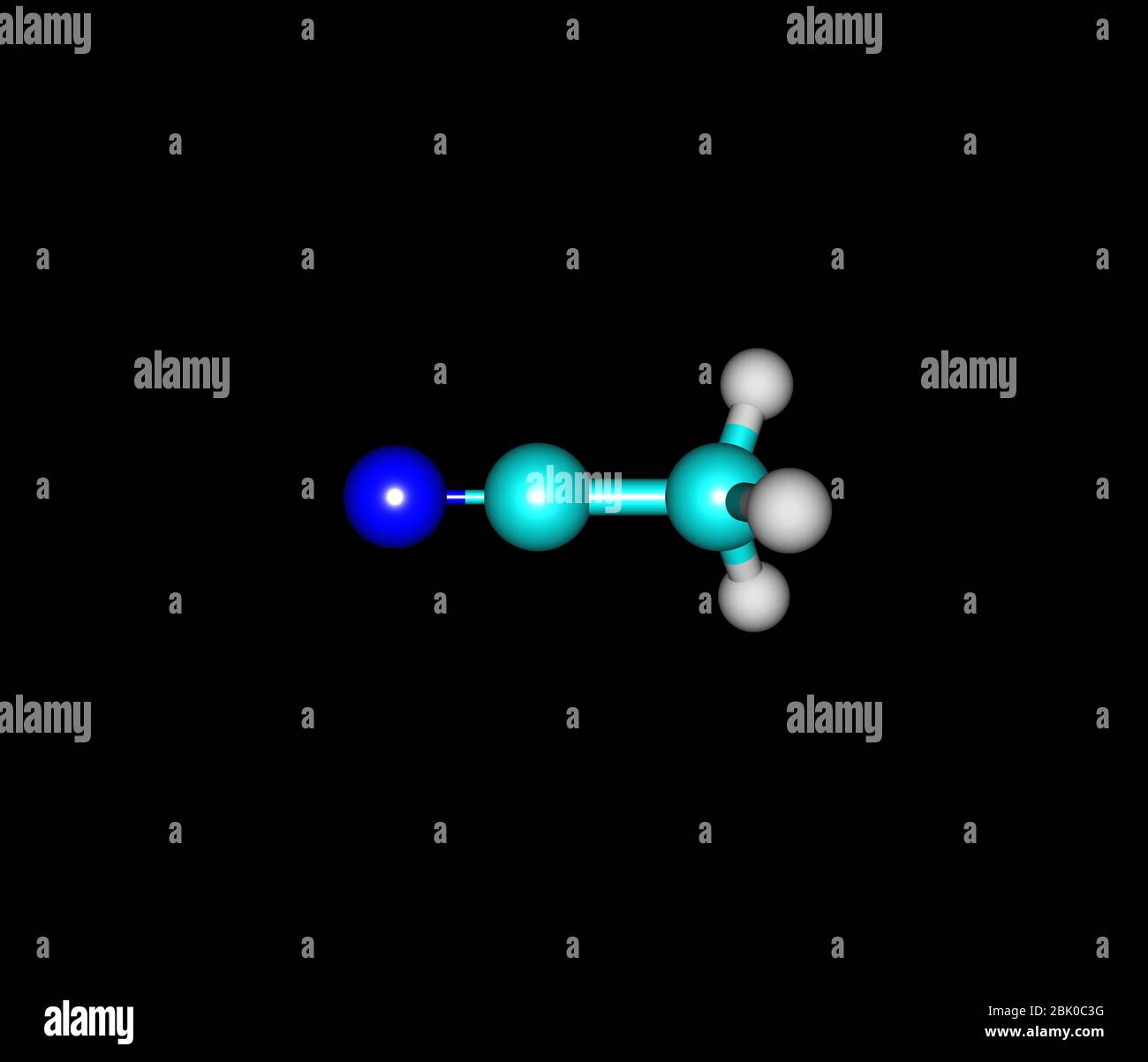 Acetonitril ist die chemische Verbindung mit der Formel CH3CN. Es wird hauptsächlich als Nebenprodukt der Acrylnitrilherstellung hergestellt. Es wird als Polar verwendet Stockfoto