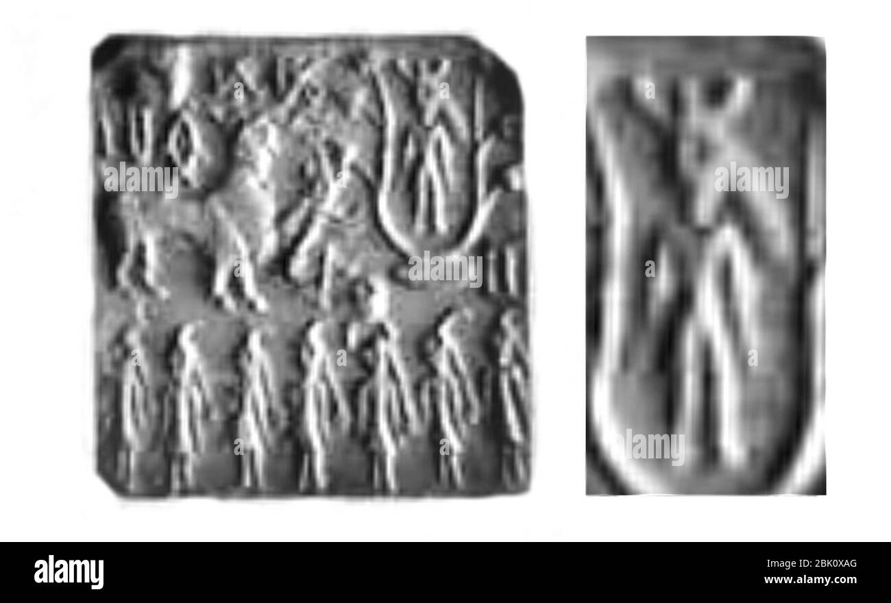 Gehörnte Gottheiten auf einem Indus-Tal Siegel mit Detail. Stockfoto