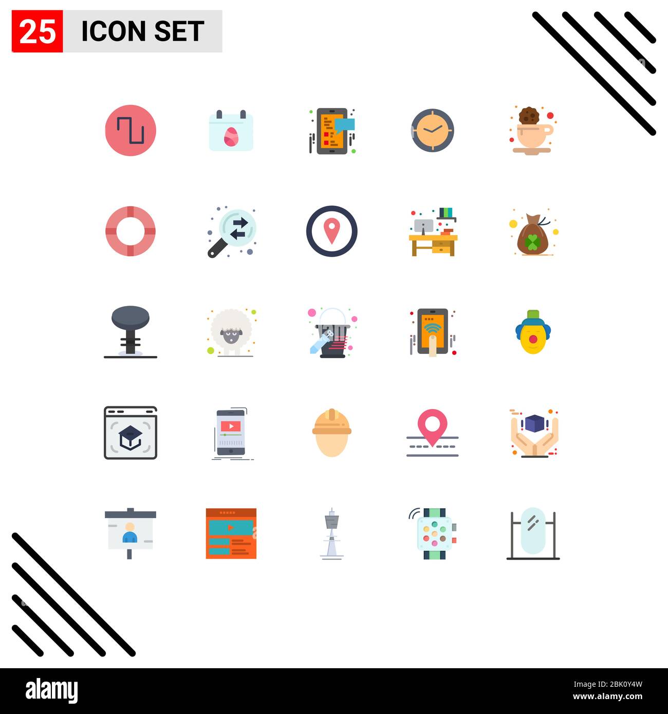 Gruppe von 25 Flachfarben Zeichen und Symbole für Cookie, Pause, soziale, Uhr, Zeit editierbar Vektor Design-Elemente Stock Vektor