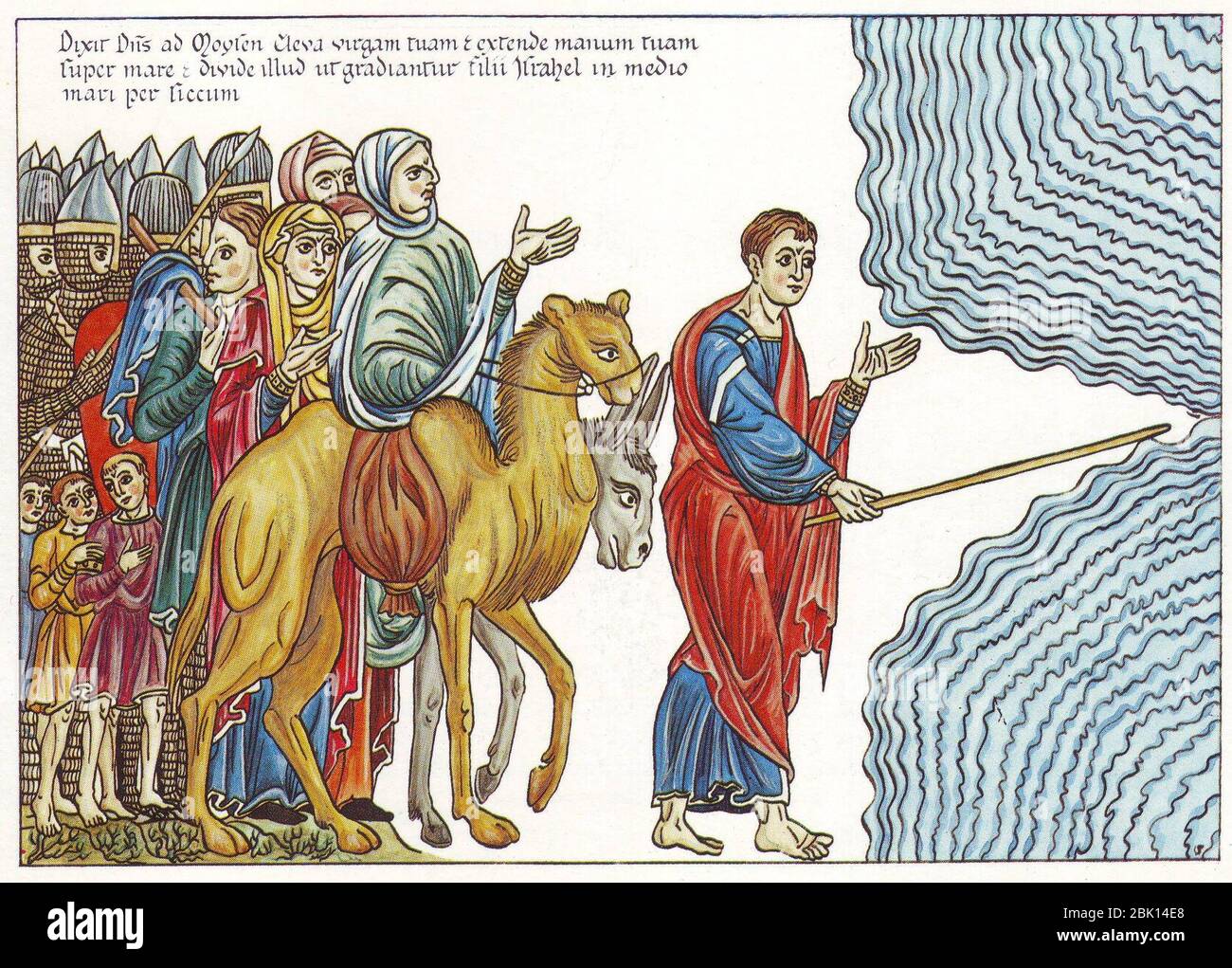 Hortus Deliciarum, Moses führt das Volk Israel durch das Rote Meer. Stockfoto
