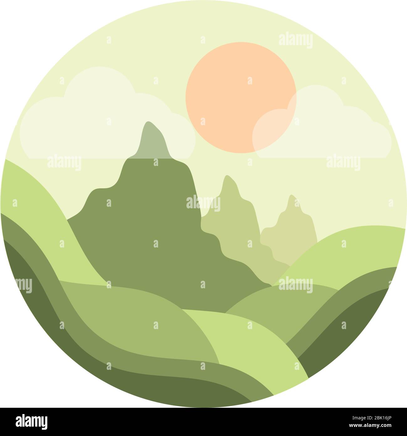 Landschaft Natur Sonne Berge Hügel grün Szene Vektor Illustration flach Stil Symbol Stock Vektor