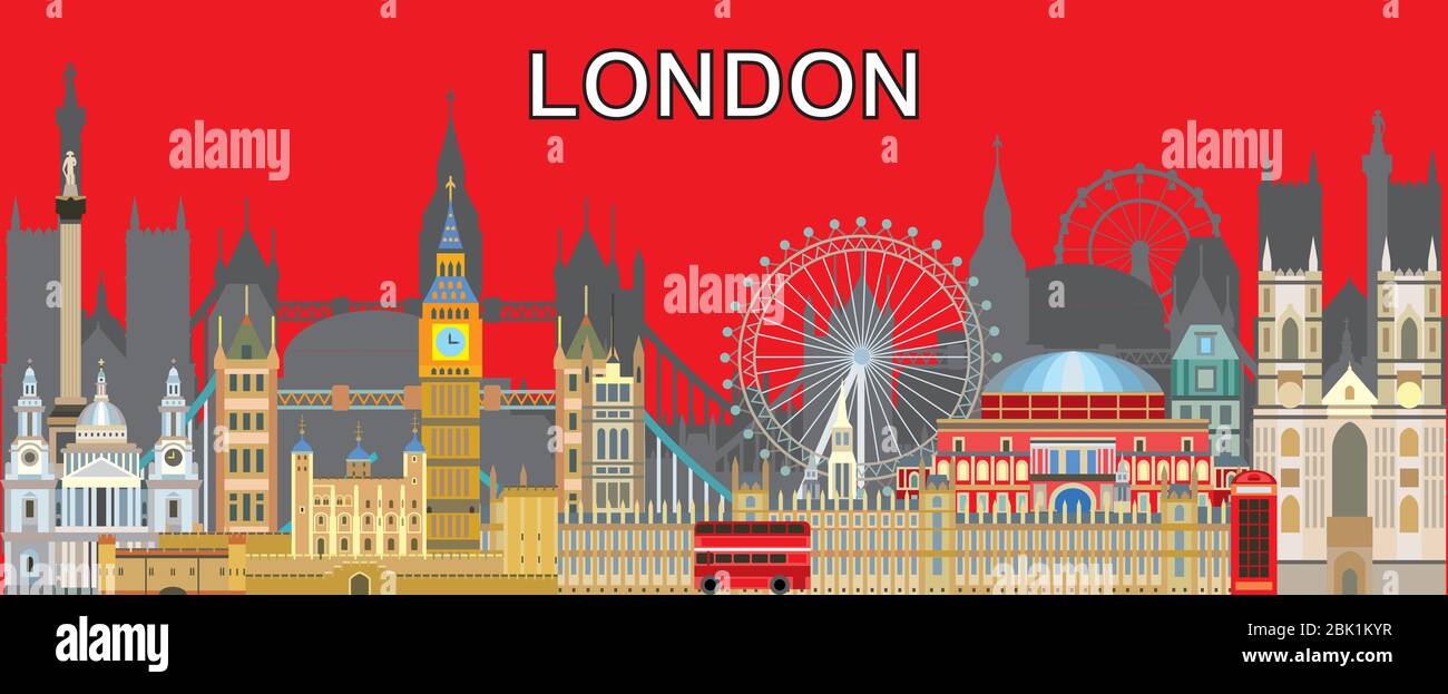 Bunte Londoner Skyline Reiseillustration. Weltweites Reisekonzept. Design mit Londoner Sehenswürdigkeiten, englischem Tourismus und Reisevektor Backgr Stock Vektor