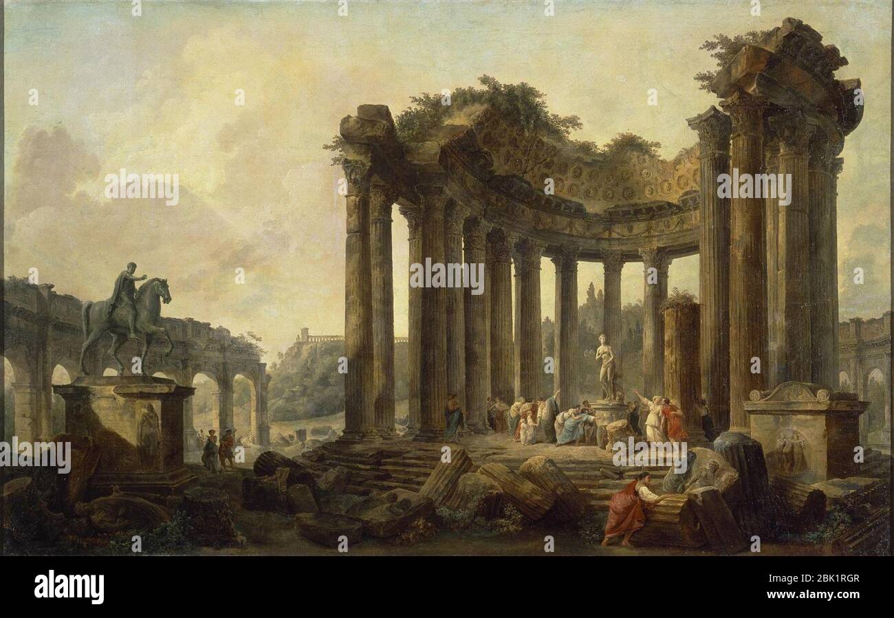 Hubert Robert - Landschaft mit den Ruinen des runden Tempels, mit einer Venus-Statue und einem Denkmal für Marcus Aurelius. Stockfoto