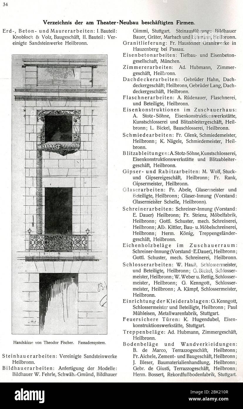 Hugo Licht, das Stadttheater in Heilbronn, Seite 34, (Sonderdruck o. Jg. der Zeitschrift für Architektur und Bauwesen - der Profanbau), Verlag J. J. Arnd, Leipzig 1913. Stockfoto