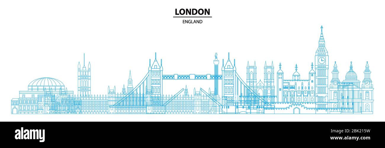 London Reise Design mit Panoramablick und architektonischen Wahrzeichen im Line Art Stil. Monochrome flache Illustration, englischer Tourismus und Reise Vektor backgr Stock Vektor