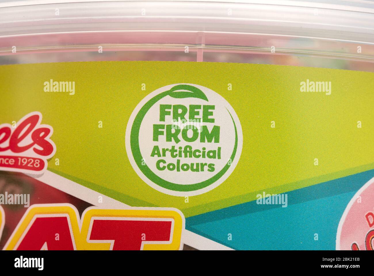 Lebensmittelkennzeichnung, frei von künstlichen Farben, Stockfoto