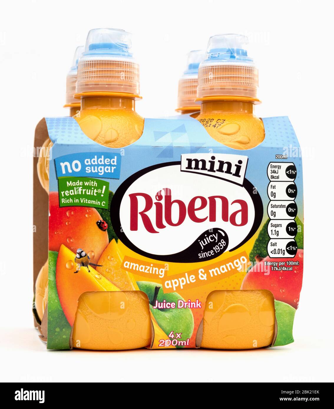 Ribena Apfel & Mango, Saftgetränk, Multipack, ohne Zuckerzusatz, 4x 200ml. Stockfoto