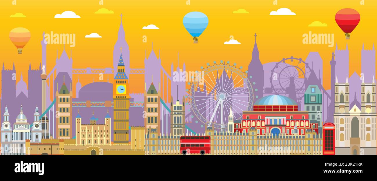 Bunte Londoner Skyline Reiseillustration. Design mit isolierten Londoner Sehenswürdigkeiten und Schriftzüge, englischer Tourismus und Reise Vektor Hintergrund f Stock Vektor