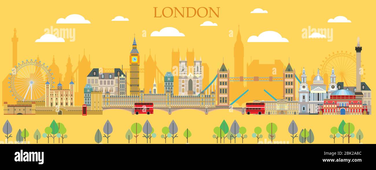 Horizontale London Reisen bunte Illustration mit architektonischen Wahrzeichen. Panorama flache Illustration, englischer Tourismus und Reise Vektor Backgroun Stock Vektor