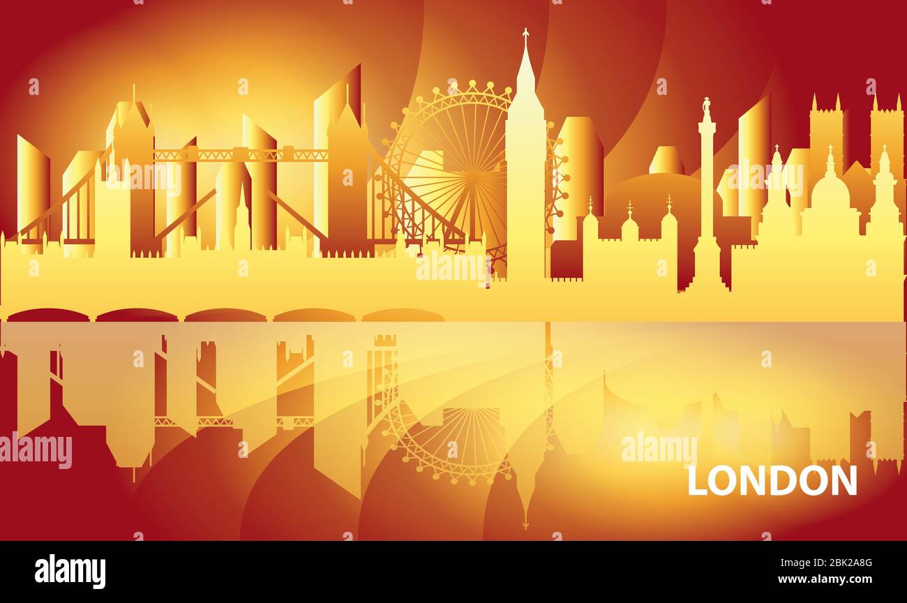 Bunte Londoner Skyline Reise Illustration mit Reflexion. Weltweites Reisekonzept. Londoner Sehenswürdigkeiten, Gradient englischer Tourismus und Reise Stock Vektor