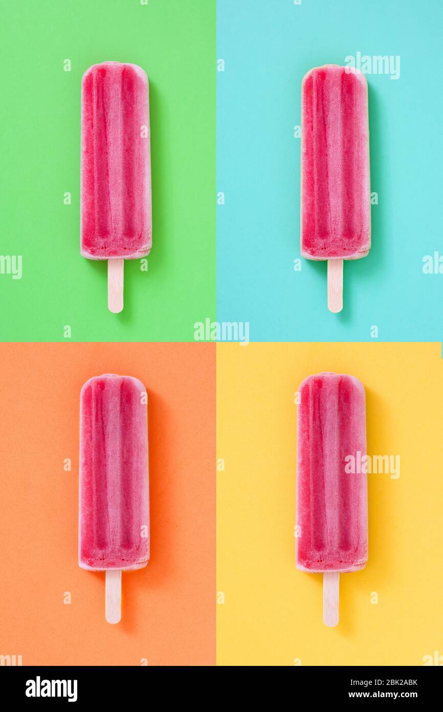 Erdbeerpopsicle Collage auf verschiedenen bunten Hintergründen Stockfoto