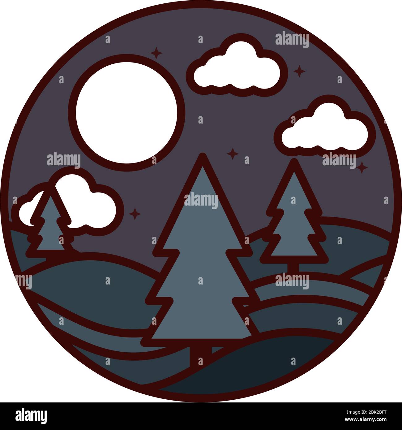 Landschaft Natur Nacht Mond Sterne Himmel Kiefern Vektor Illustration Linie und füllen Symbol Stock Vektor