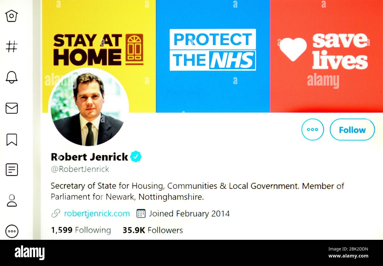 Twitter-Seite (Mai 2020): Robert Jenrick, Staatssekretär für Wohnungswesen, Gemeinden und Kommunalverwaltung Stockfoto