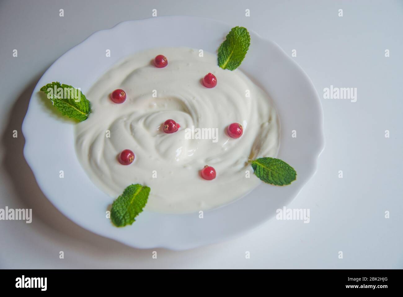 Joghurt-Sahne mit roten Johannisbeeren und Minzblättern. Stockfoto