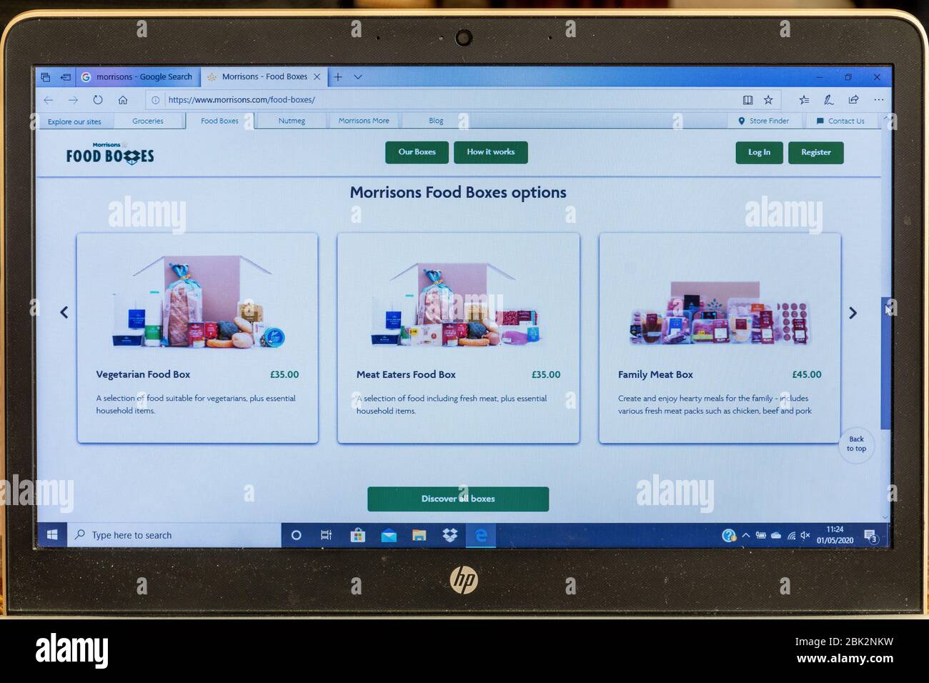 Morrisons Supermarkt-Website für die Bestellung von Lebensmittelboxen online für die Lieferung nach Hause während der 2020 Coronavirus Covid-19 Pandemie, Großbritannien Stockfoto
