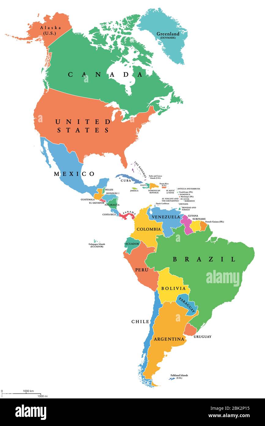 Amerika, einzelne Staaten, politische Landkarte mit nationalen Grenzen. Karibik, Nord-, Mittel- und Südamerika. Länder mit verschiedenen Farben. Stockfoto