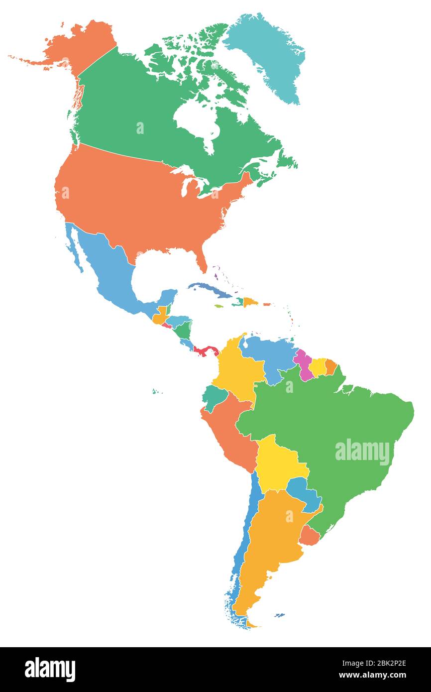 Amerika, politische Karte mit einzelnen Staaten in verschiedenen Farben. Länder der Karibik, Nord-, Mittel- und Südamerika. Silhouetten. Stockfoto