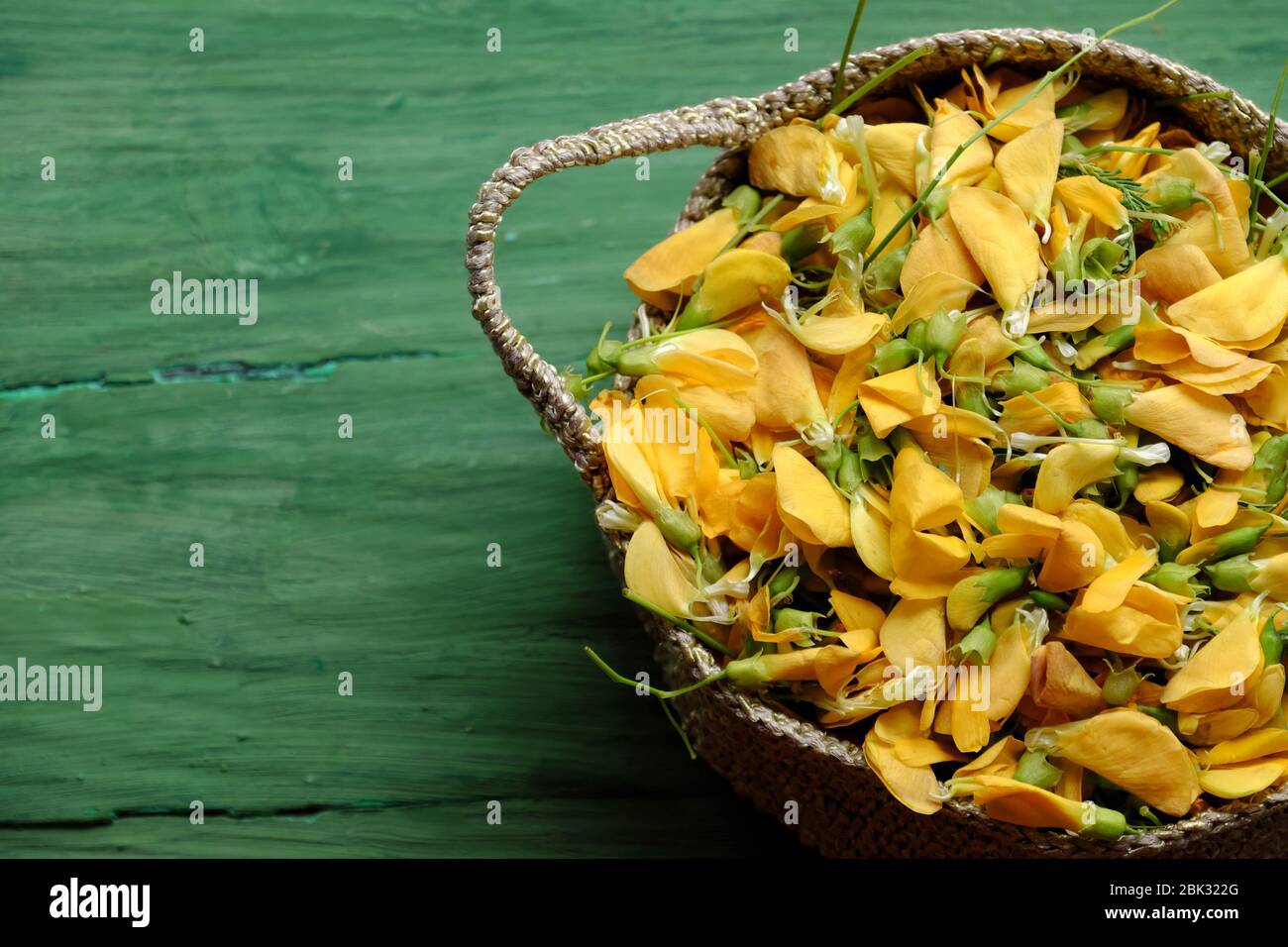 Korb mit Wildgemüse, Flussbohne mit Namen sesbania Sesban, ein typischer Rohstoff für saure Suppe in der Überschwemmungszeit am Mekong Delta, Vietnam Stockfoto