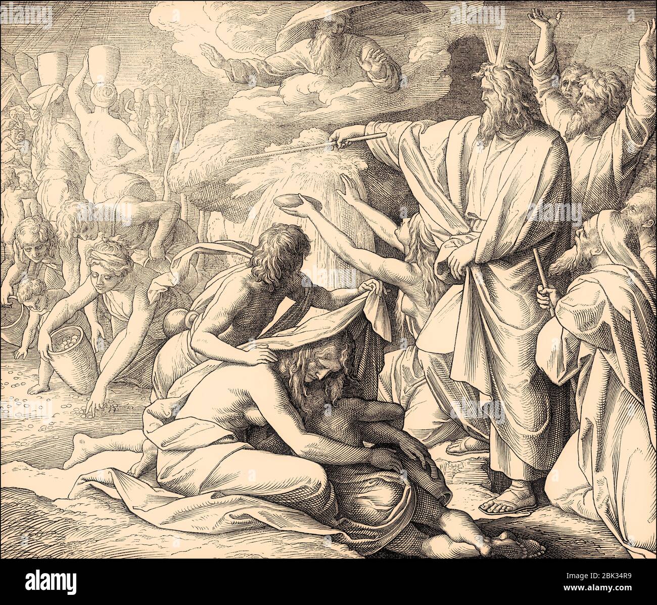 Manna und Wasser aus dem Felsen, Altes Testament, von Julius Schnorr von Carolsfeld, 1860 Stockfoto