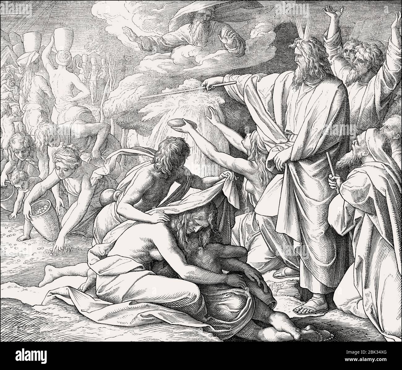 Manna und Wasser aus dem Felsen, Altes Testament, von Julius Schnorr von Carolsfeld, 1860 Stockfoto