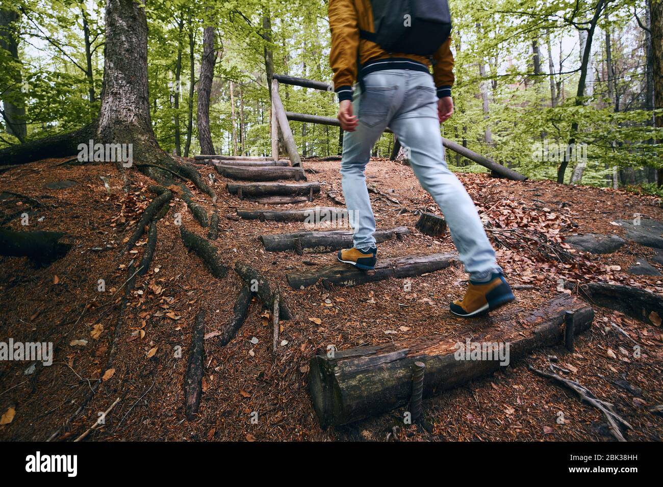 Mann zu Fuß auf dem Weg im Wald. Themen Freiheit, Wandern und Reisen. Böhmisches Paradies, Tschechische Republik. Stockfoto