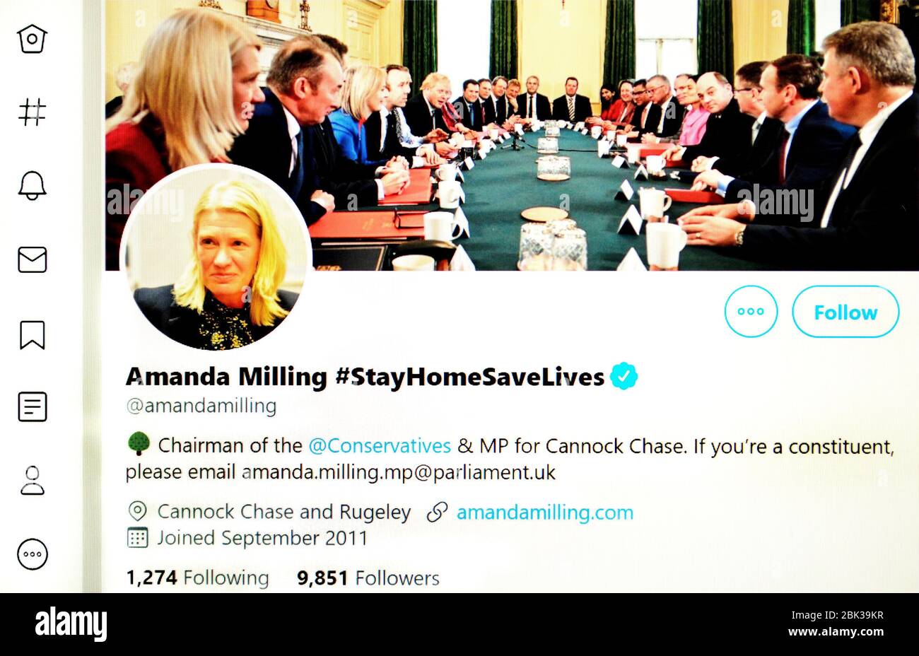 Twitter-Seite (Mai 2020): Amanda Milling, MP, Ministerin ohne Geschäftsbereich Stockfoto