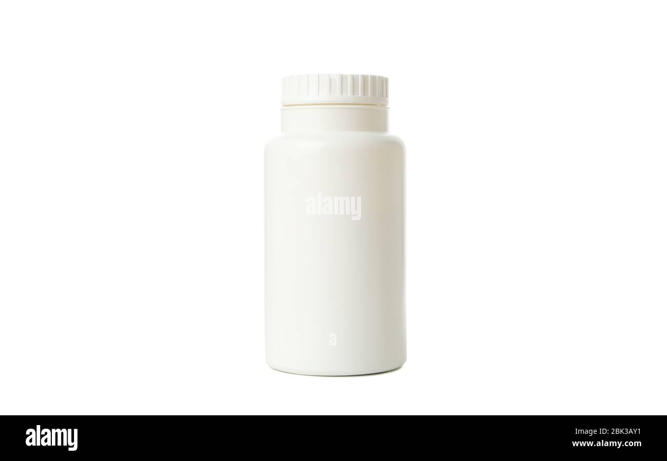 Leere Flasche Talkumpuder auf weißem Hintergrund isoliert Stockfoto