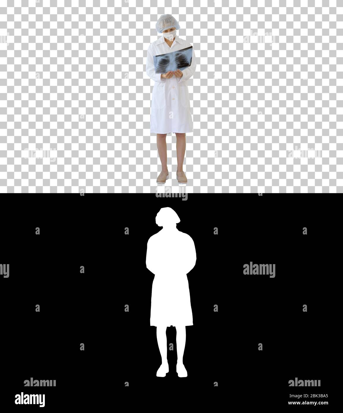 Frau Doktor in Maske Blick auf Lunge Röntgenaufnahme, Alpha-Kanal Stockfoto