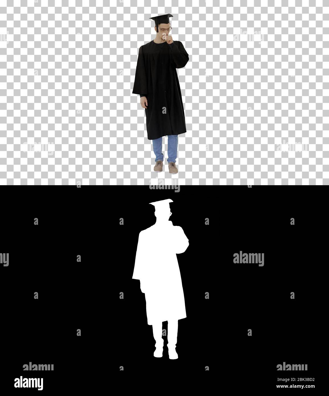 Junger Mann mit Abschluss hustet, leidet an einer Krankheit, Alpha Channel Stockfoto